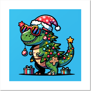 Tree-Rex Holiday Dinosaur - Christmas Tree T-Rex TreeRex Pun with Santa Hat, Lights and Ornaments Posters and Art